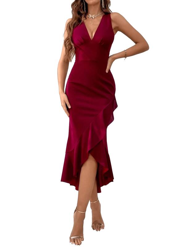 Women Sleeveless V Neck Bodycon High-Low Cocktail Midi Dress thumb