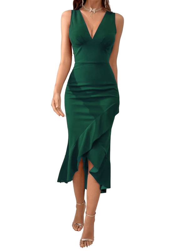 Women Sleeveless V Neck Bodycon High-Low Cocktail Midi Dress thumb