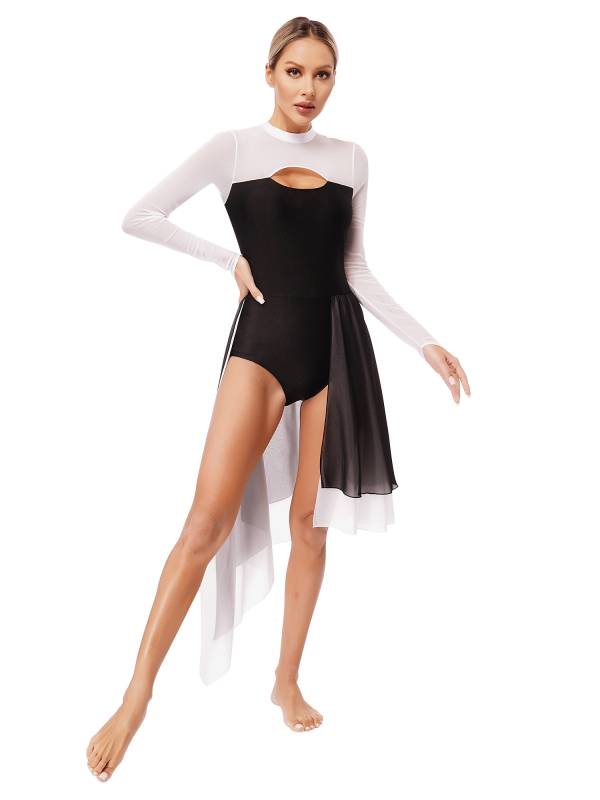 Women Colorblock Backless Long Sleeve Lyrical Dance Leotard Dress thumb