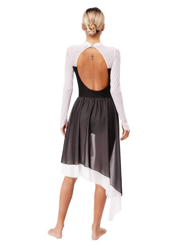 Women Colorblock Backless Long Sleeve Lyrical Dance Leotard Dress thumb