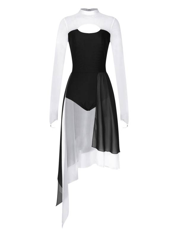 Women Colorblock Backless Long Sleeve Lyrical Dance Leotard Dress thumb