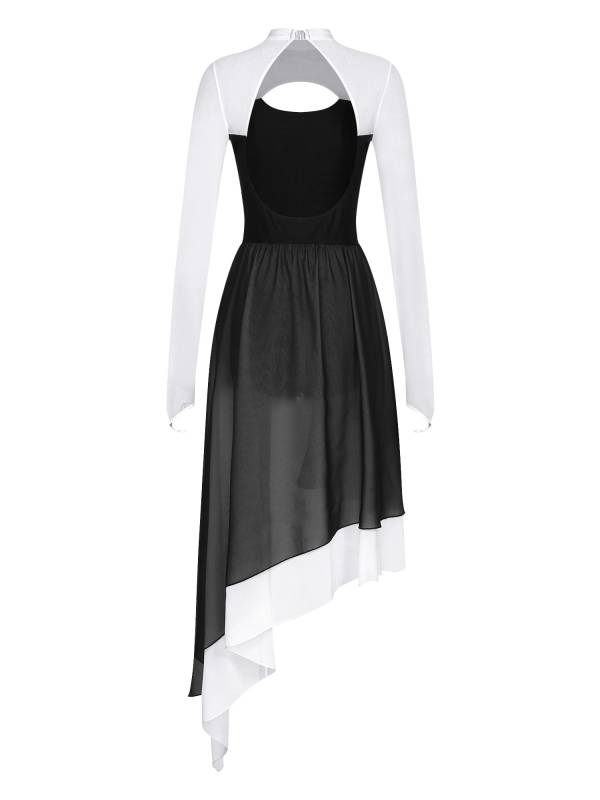 Women Colorblock Backless Long Sleeve Lyrical Dance Leotard Dress thumb