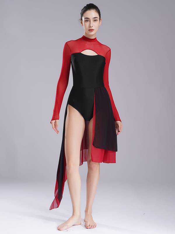 Women Colorblock Backless Long Sleeve Lyrical Dance Leotard Dress thumb