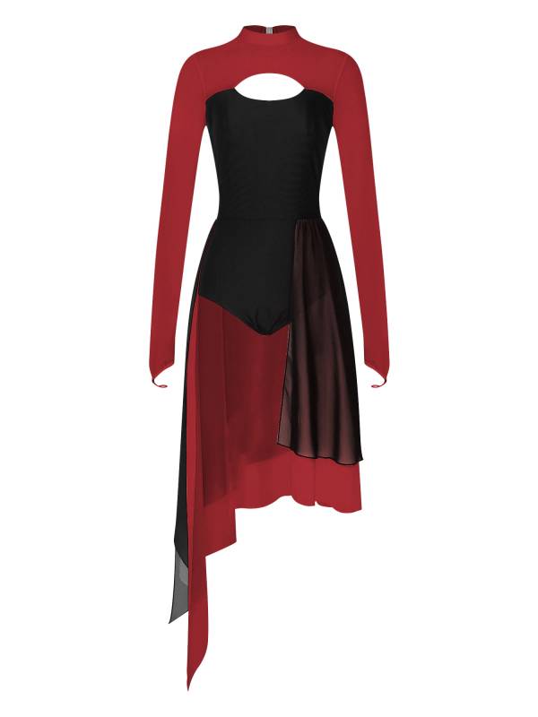 Women Colorblock Backless Long Sleeve Lyrical Dance Leotard Dress thumb