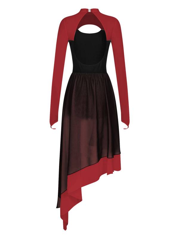 Women Colorblock Backless Long Sleeve Lyrical Dance Leotard Dress thumb