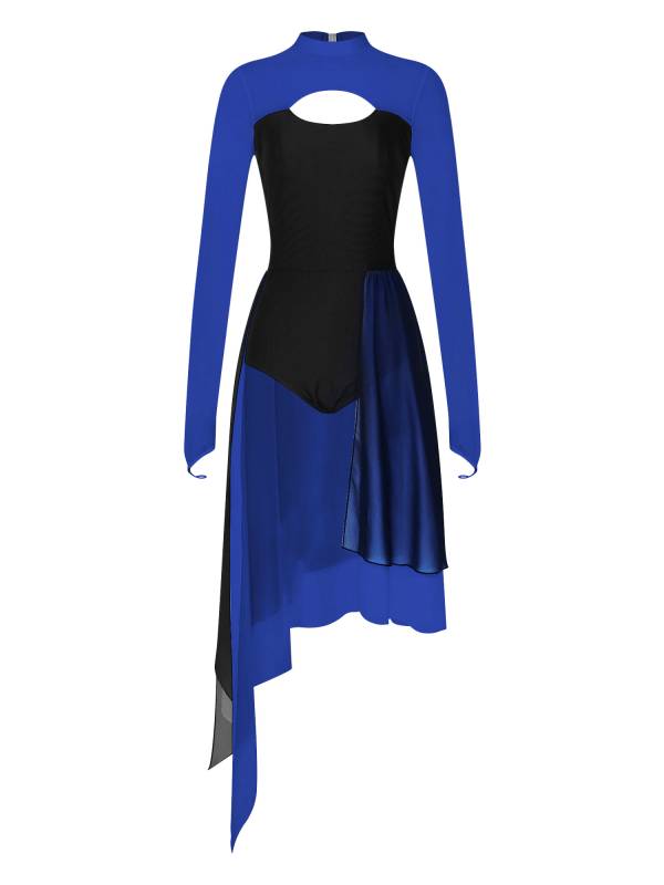 Women Colorblock Backless Long Sleeve Lyrical Dance Leotard Dress thumb