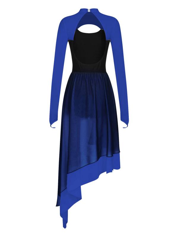 Women Colorblock Backless Long Sleeve Lyrical Dance Leotard Dress thumb