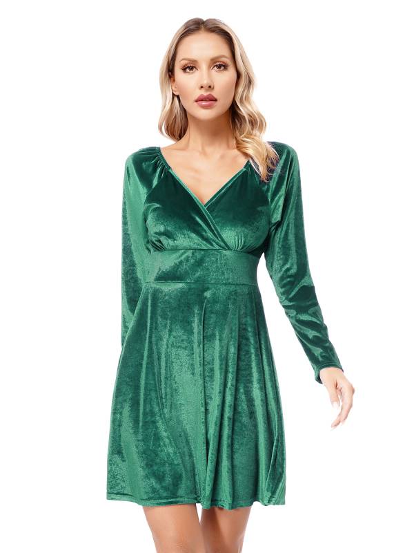 Women Velvet V Neck Long Sleeve Cocktail Dress thumb