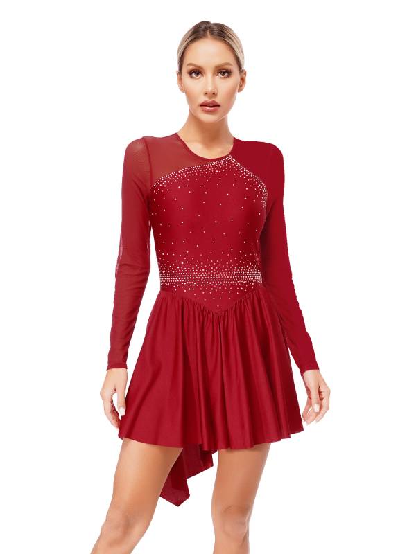 Women Long Sleeve Mesh Asymmetrical Hem Figure Skating Dress thumb