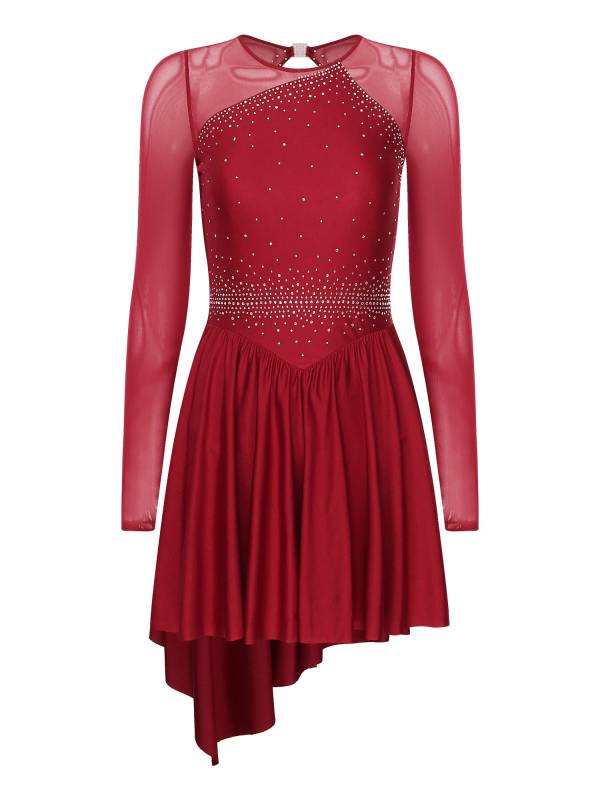 Women Long Sleeve Mesh Asymmetrical Hem Figure Skating Dress thumb