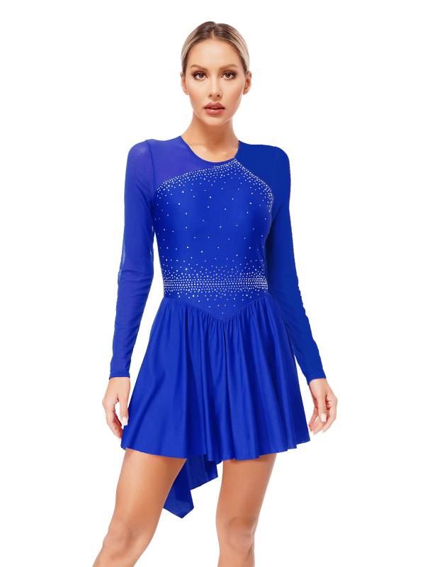 Women Long Sleeve Mesh Asymmetrical Hem Figure Skating Dress thumb