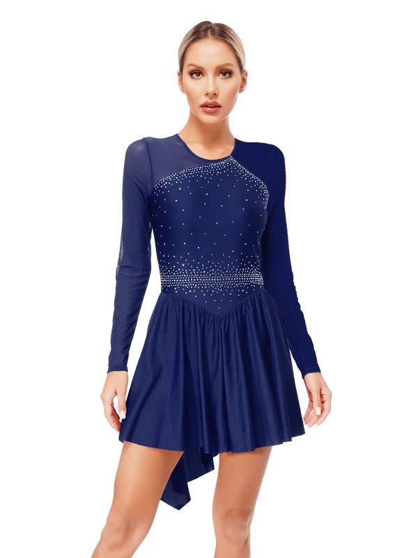 Women Long Sleeve Mesh Asymmetrical Hem Figure Skating Dress thumb