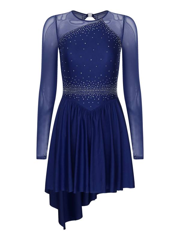 Women Long Sleeve Mesh Asymmetrical Hem Figure Skating Dress thumb