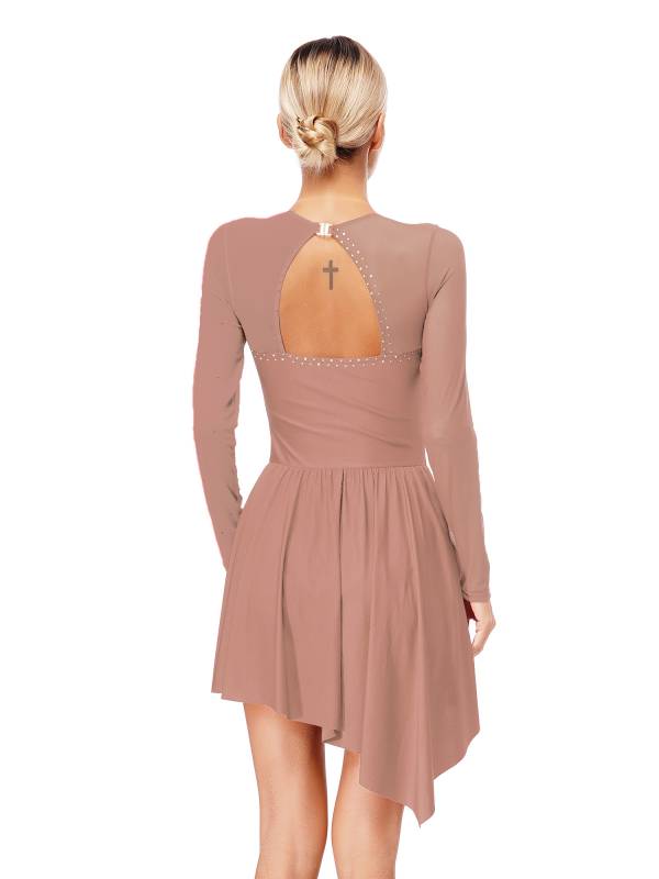 Women Long Sleeve Mesh Asymmetrical Hem Figure Skating Dress thumb