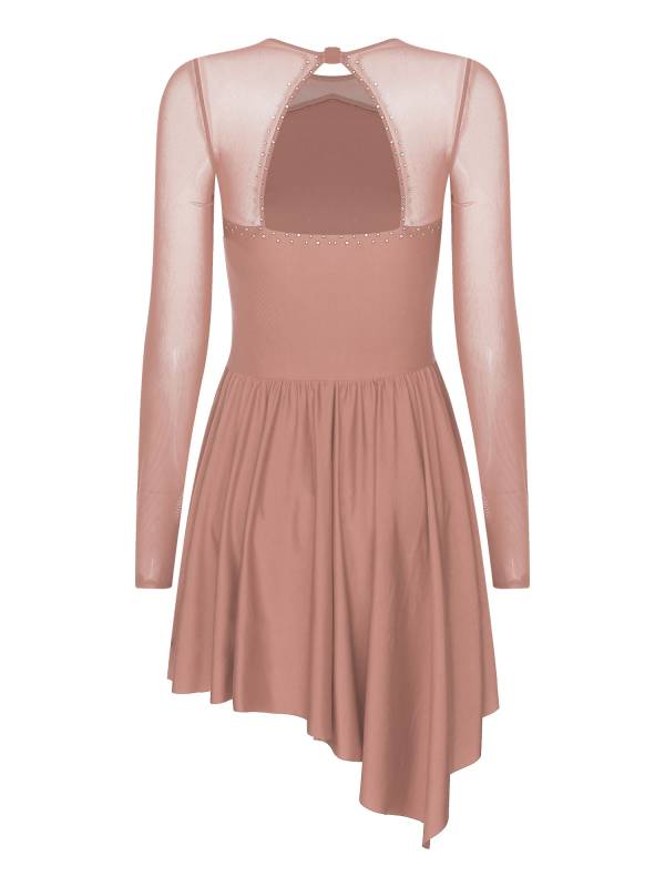 Women Long Sleeve Mesh Asymmetrical Hem Figure Skating Dress thumb