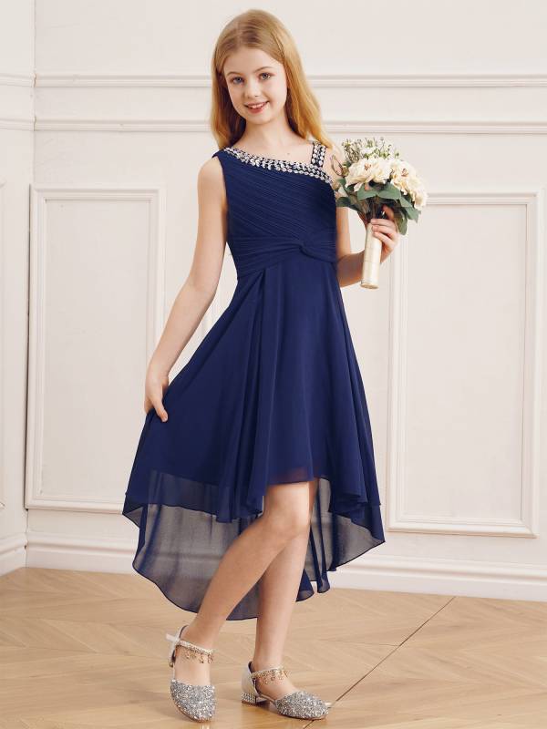 Kids Girls Sparkly Sequin Chiffon Dress Sleeveless High-Low Flower Girl Dress thumb