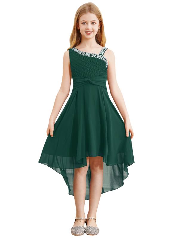 Kids Girls Sparkly Sequin Chiffon Dress Sleeveless High-Low Flower Girl Dress thumb