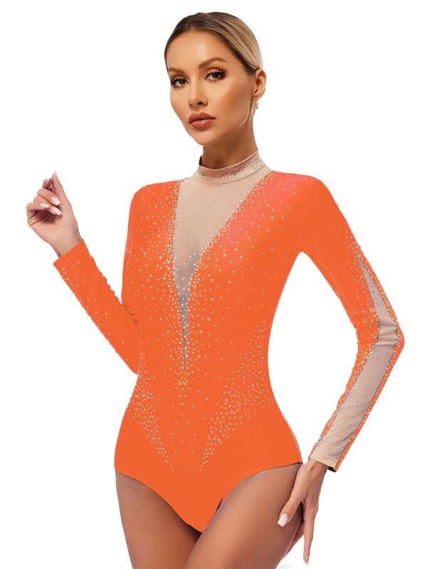 Women Long Sleeve Glittery Rhinestones Gymnastics Leotard thumb