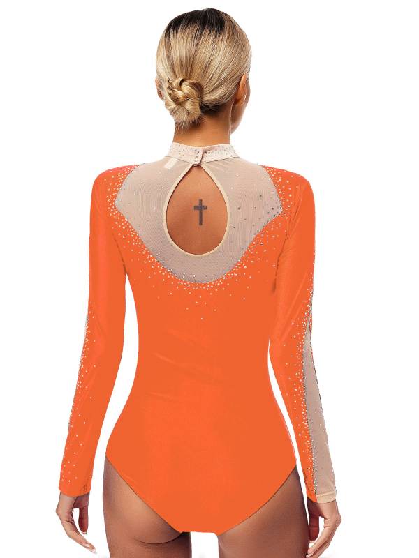 Women Long Sleeve Glittery Rhinestones Gymnastics Leotard thumb