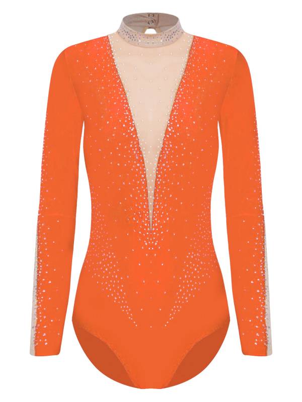 Women Long Sleeve Glittery Rhinestones Gymnastics Leotard thumb