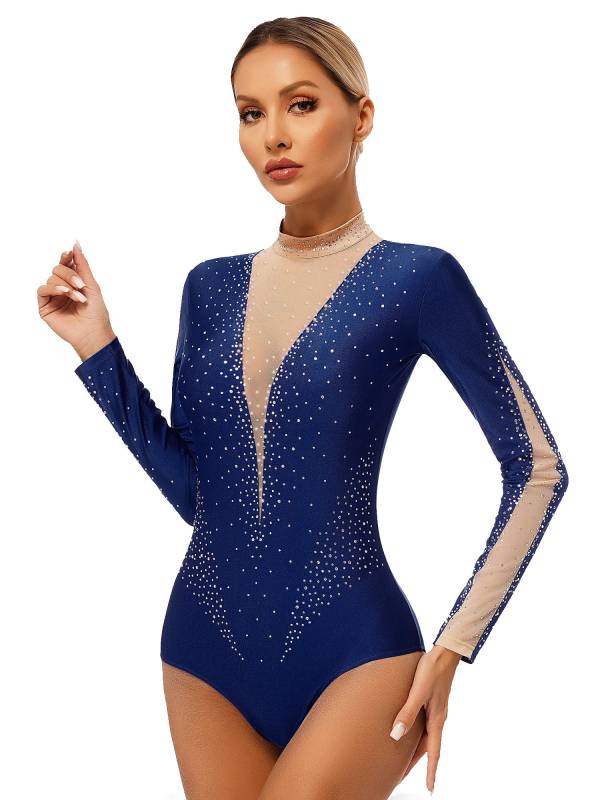 Women Long Sleeve Glittery Rhinestones Gymnastics Leotard thumb