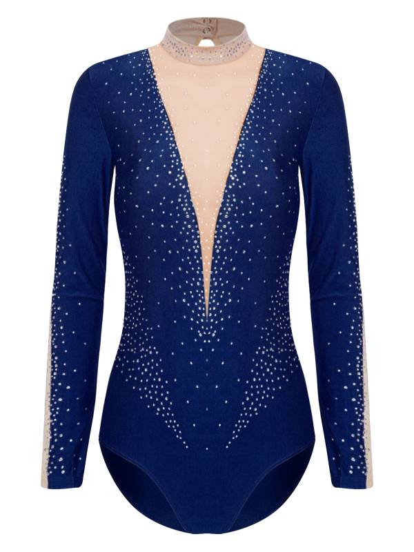 Women Long Sleeve Glittery Rhinestones Gymnastics Leotard thumb
