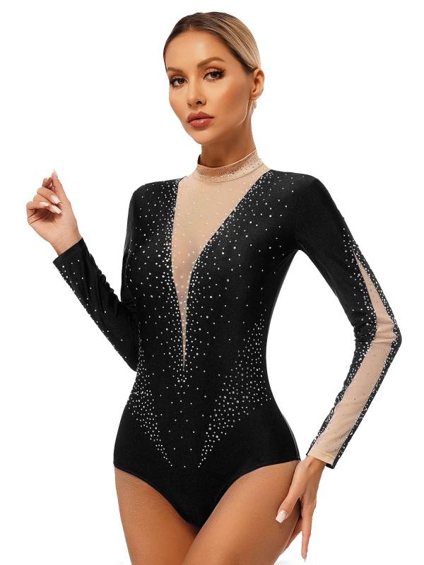 Women Long Sleeve Glittery Rhinestones Gymnastics Leotard thumb