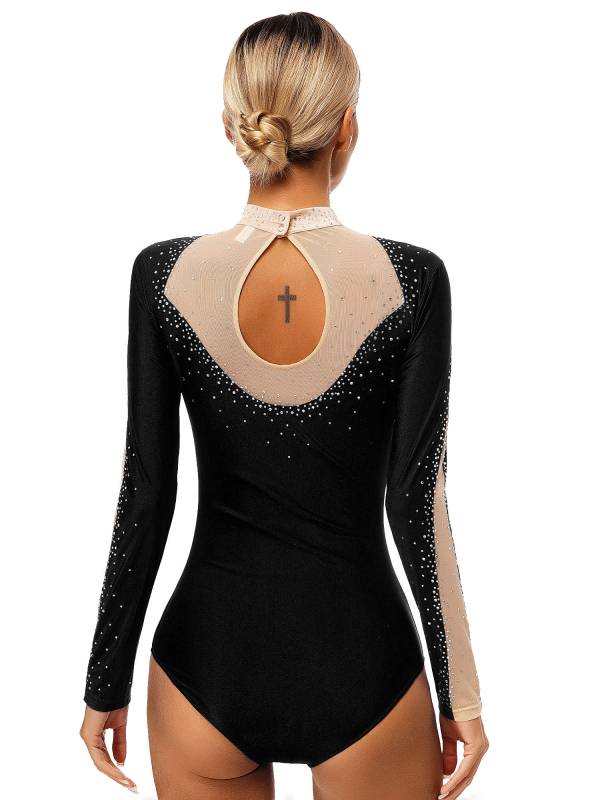 Women Long Sleeve Glittery Rhinestones Gymnastics Leotard thumb