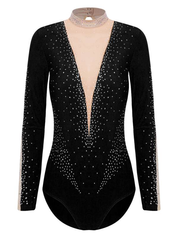 Women Long Sleeve Glittery Rhinestones Gymnastics Leotard thumb