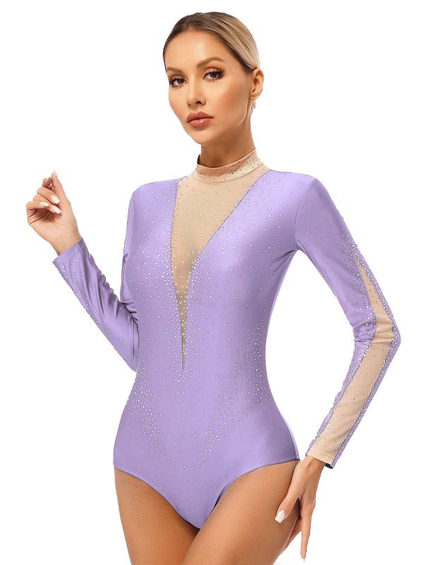 Women Long Sleeve Glittery Rhinestones Gymnastics Leotard thumb