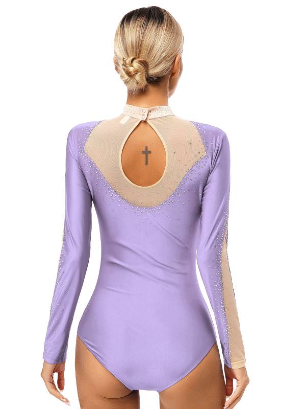 Women Long Sleeve Glittery Rhinestones Gymnastics Leotard thumb
