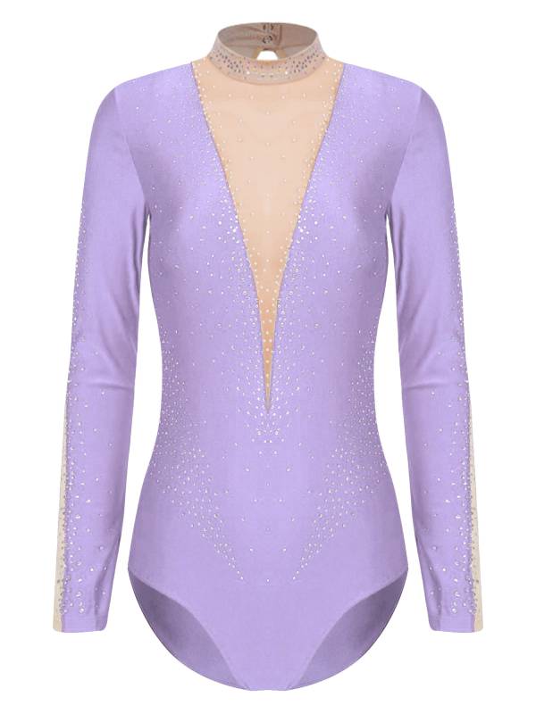 Women Long Sleeve Glittery Rhinestones Gymnastics Leotard thumb