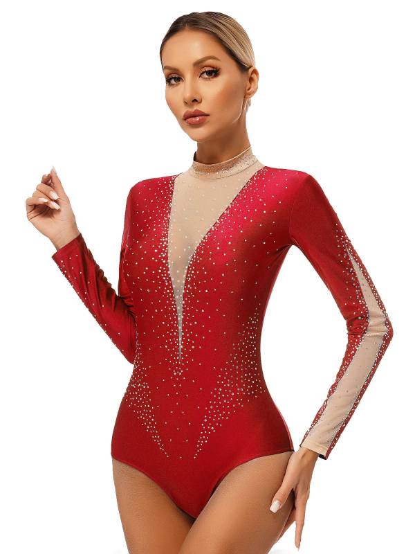 Women Long Sleeve Glittery Rhinestones Gymnastics Leotard thumb