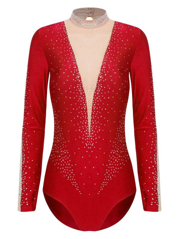 Women Long Sleeve Glittery Rhinestones Gymnastics Leotard thumb