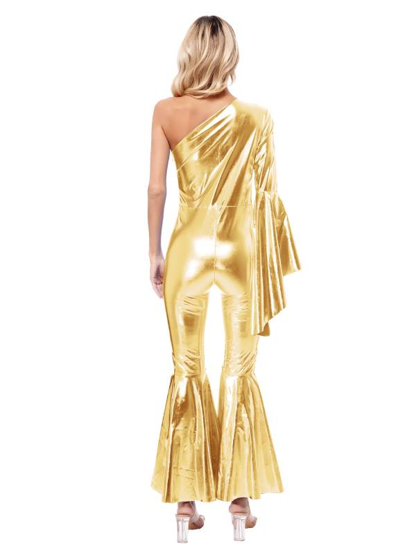 Women Metallic One Shoulder Flare Sleeve Bell-Bottom Jazz Dance Unitard thumb