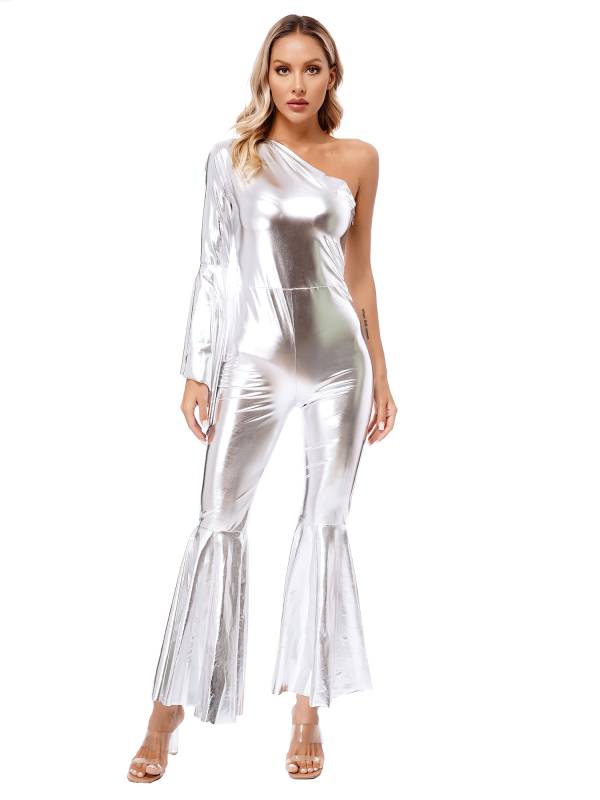 Women Metallic One Shoulder Flare Sleeve Bell-Bottom Jazz Dance Unitard thumb