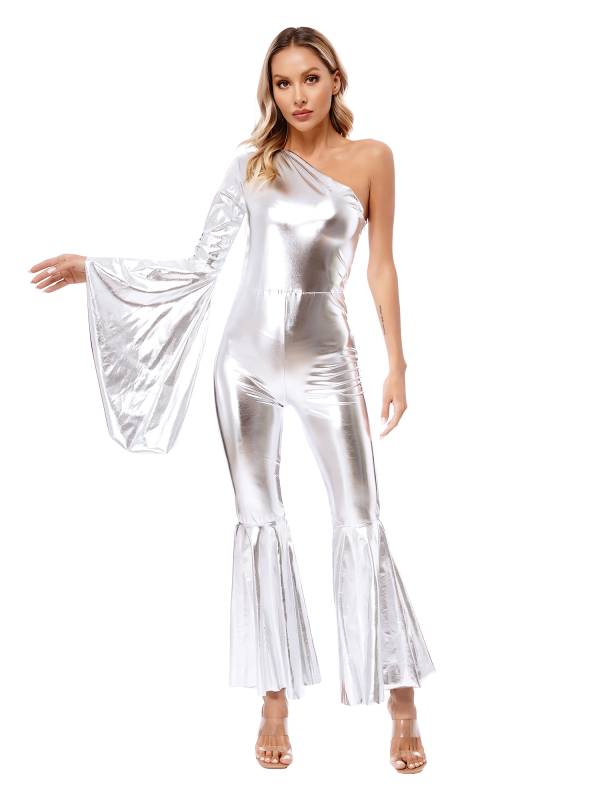 Women Metallic One Shoulder Flare Sleeve Bell-Bottom Jazz Dance Unitard thumb
