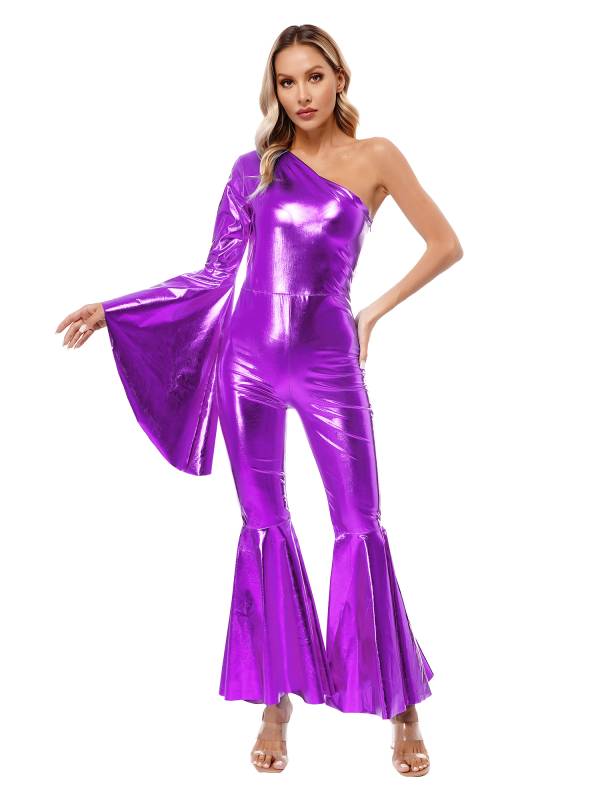 Women Metallic One Shoulder Flare Sleeve Bell-Bottom Jazz Dance Unitard thumb