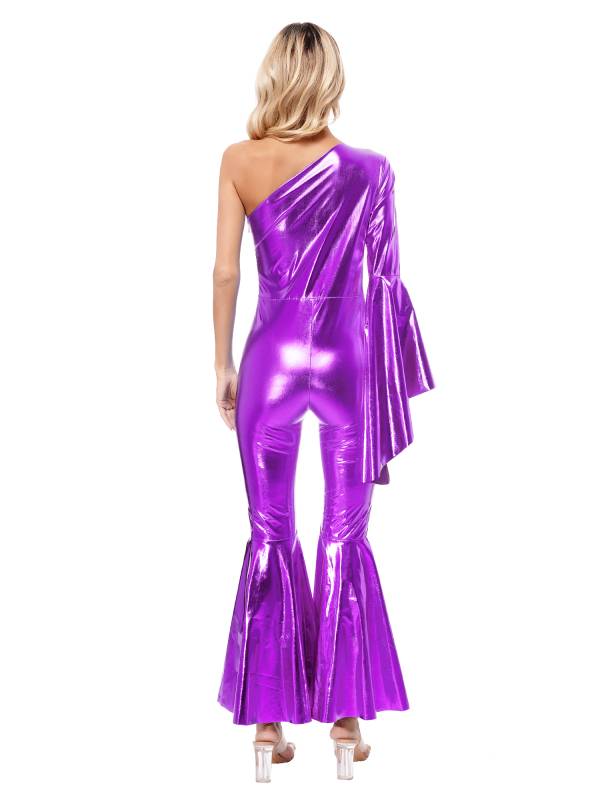 Women Metallic One Shoulder Flare Sleeve Bell-Bottom Jazz Dance Unitard thumb