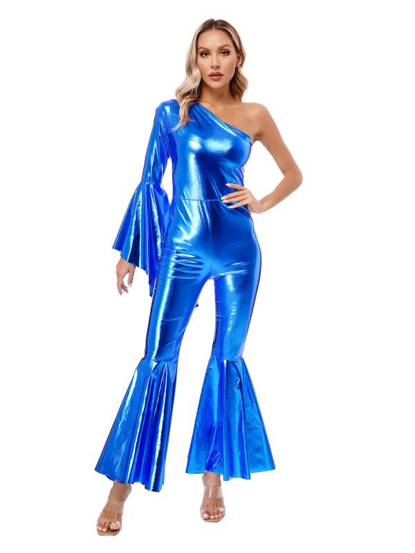 Women Metallic One Shoulder Flare Sleeve Bell-Bottom Jazz Dance Unitard thumb