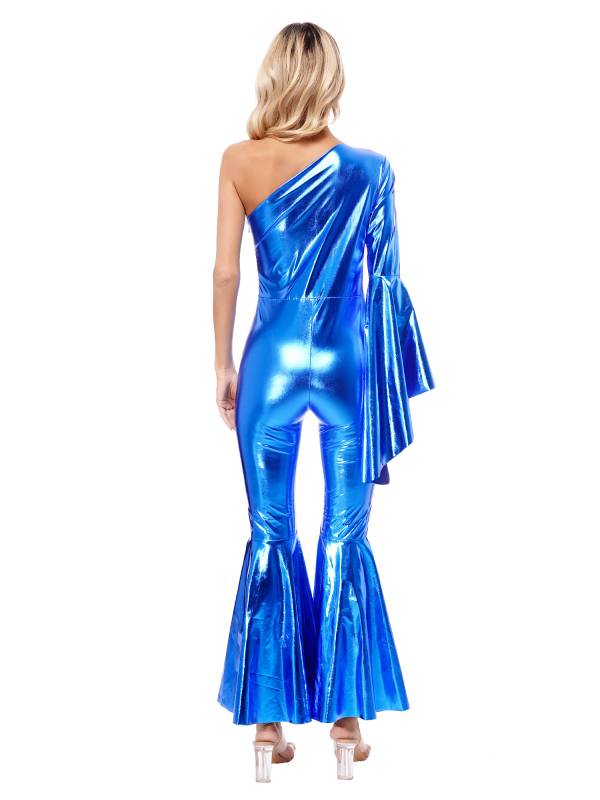 Women Metallic One Shoulder Flare Sleeve Bell-Bottom Jazz Dance Unitard thumb