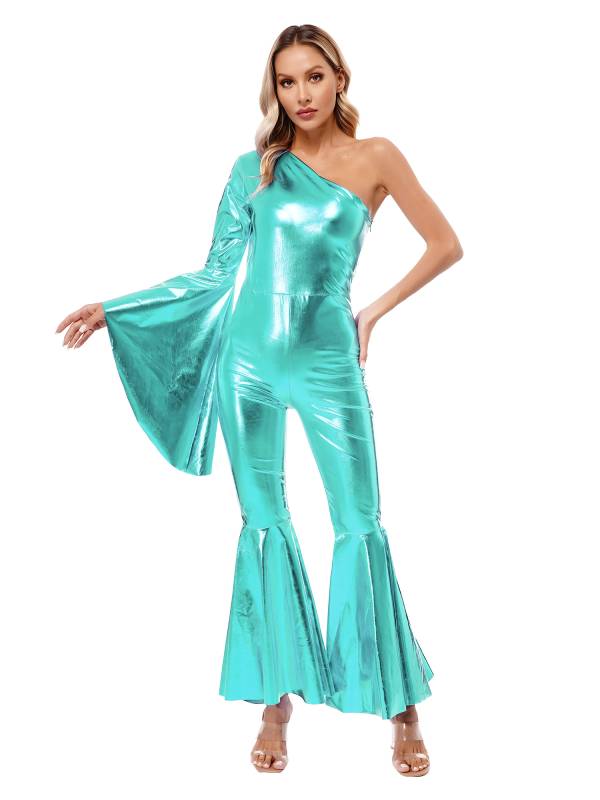 Women Metallic One Shoulder Flare Sleeve Bell-Bottom Jazz Dance Unitard thumb