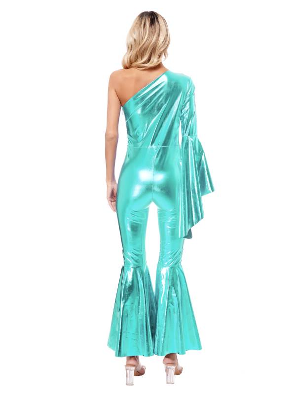 Women Metallic One Shoulder Flare Sleeve Bell-Bottom Jazz Dance Unitard thumb