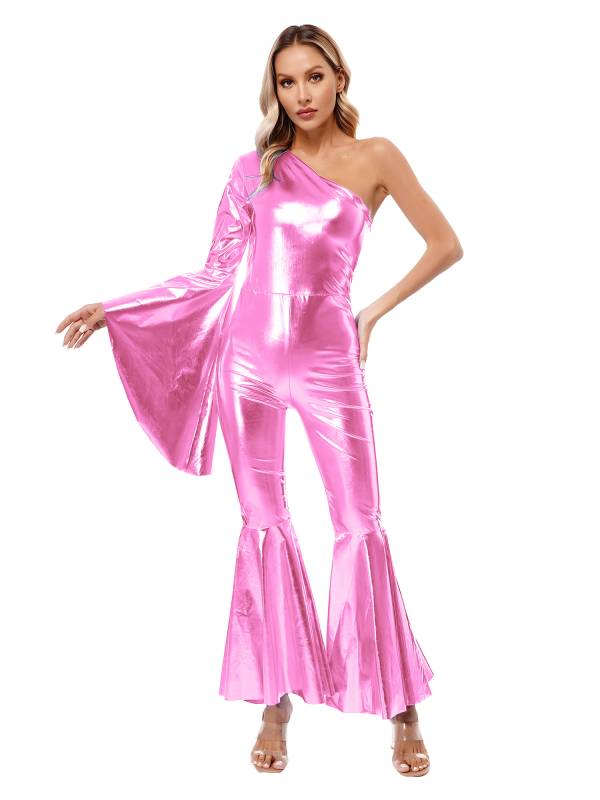 Women Metallic One Shoulder Flare Sleeve Bell-Bottom Jazz Dance Unitard thumb