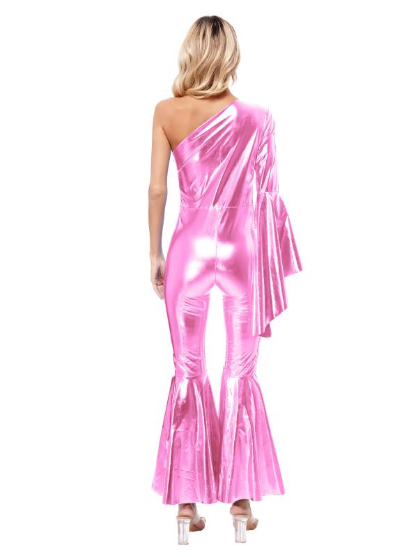 Women Metallic One Shoulder Flare Sleeve Bell-Bottom Jazz Dance Unitard thumb