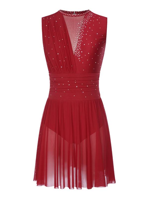 Women Sleeveless Rhinestone Figure Skating Lyrical Dance Dresses thumb