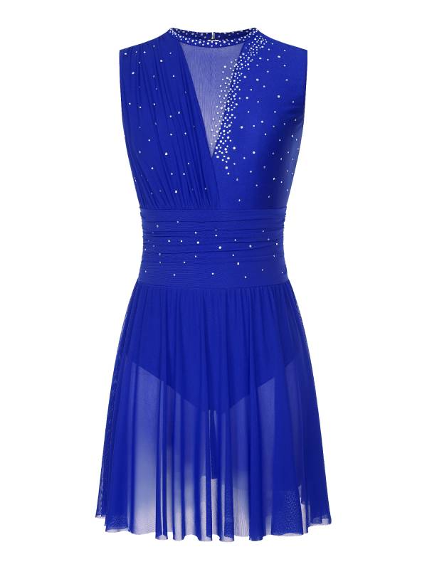 Women Sleeveless Rhinestone Figure Skating Lyrical Dance Dresses thumb