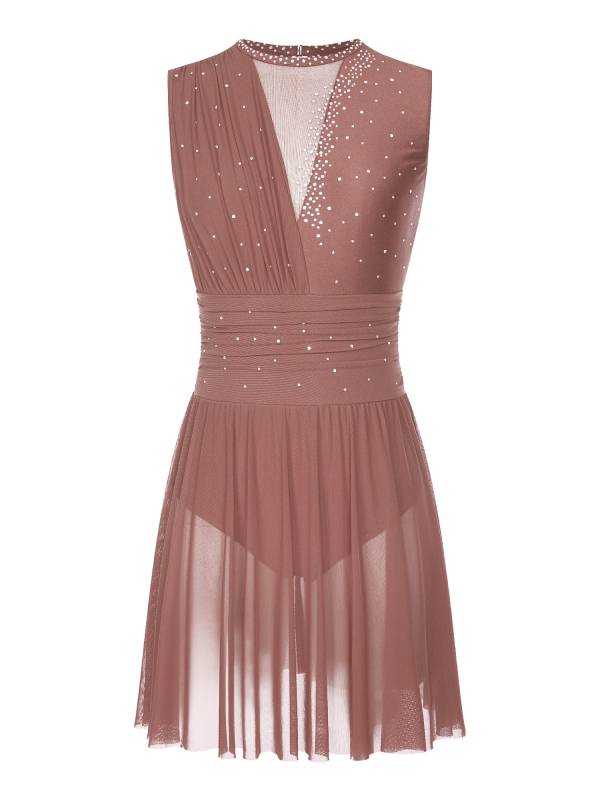 Women Sleeveless Rhinestone Figure Skating Lyrical Dance Dresses thumb