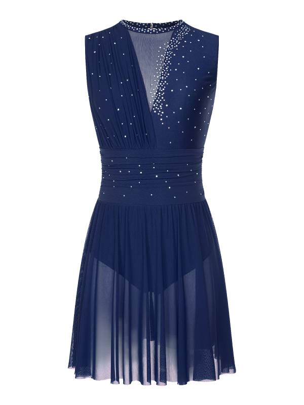 Women Sleeveless Rhinestone Figure Skating Lyrical Dance Dresses thumb