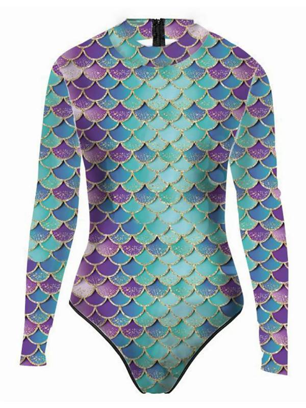 Women One-piece Mermaid Scale Print Rash Guard Swimsuit thumb